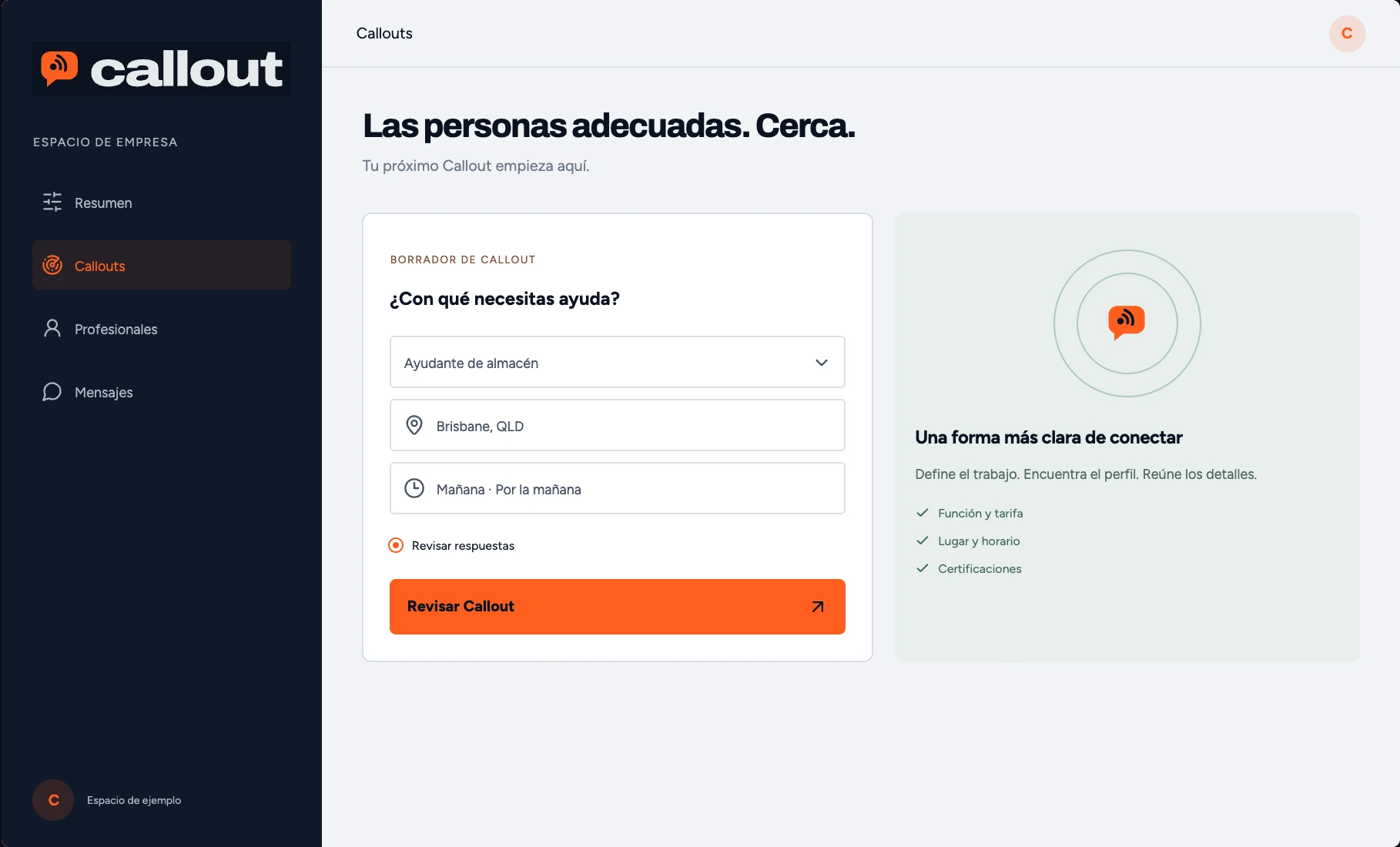 Espacio de ejemplo: Las personas adecuadas. Cerca.