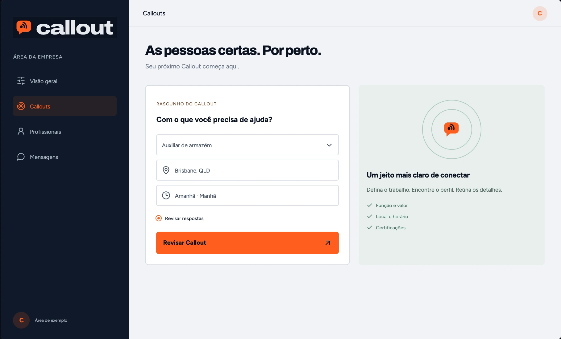 Área de exemplo: As pessoas certas. Por perto.